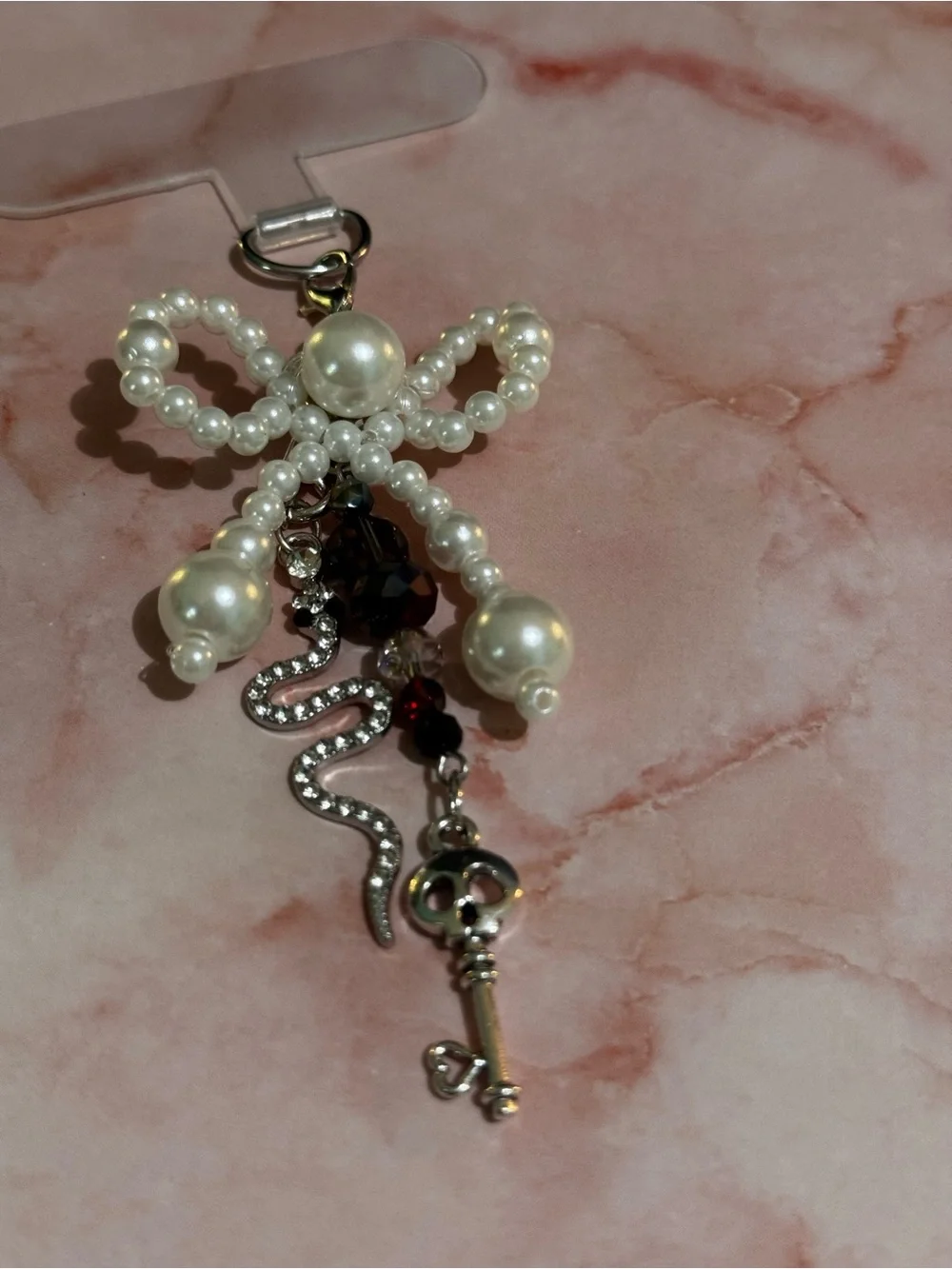Pearl Bow w/ Skull Key Charm and Rhinestone Snake Cell Phone Jewelry